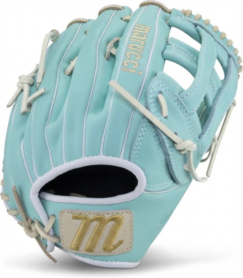 MARUCCI Palmetto Fastpitch Glove Series, 98R3 12.75" H-Web, a 12.75-inch steerhide fastpitch outfield glove with an H-Web and deep pocket, in mint green with white and gold accents.