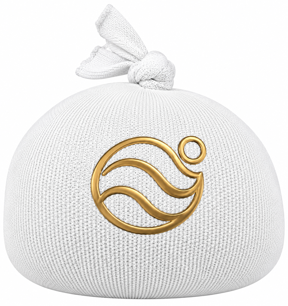 Rosin bag by Marucci, rounded white knit sack with a knotted top.