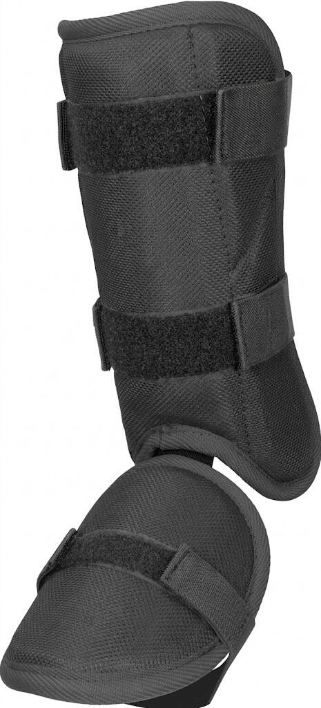 A black padded ankle brace and foot cover secured by Velcro straps, shown from a side view.