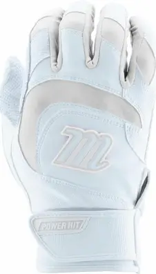 MARUCCI Signature Batting Glove V4 in white with embossed MARUCCI logo and Power Hit wrist strap detail.