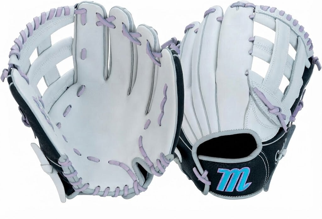 Marucci Sports Caddo Fastpitch V2, a full-grain cowhide fastpitch glove for pitchers and infielders, in cream with tan lacing and white binding.