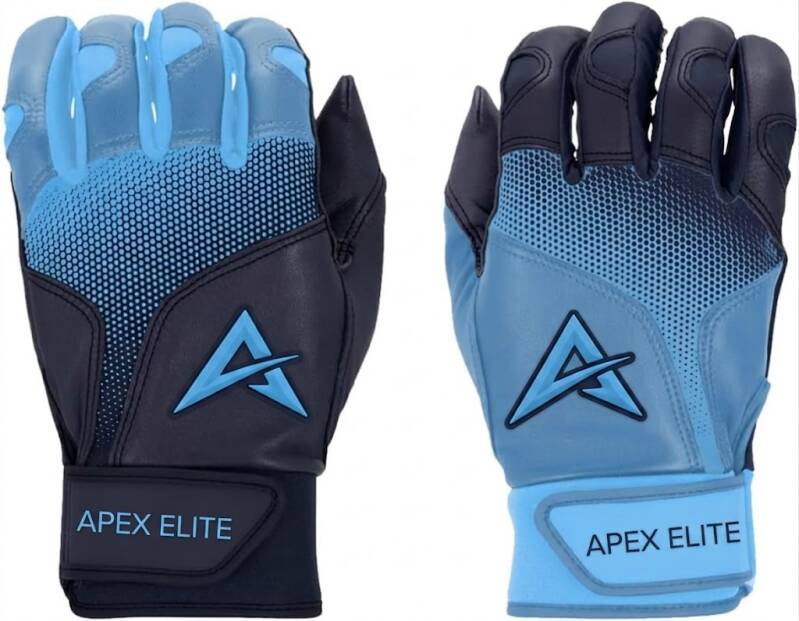 Two blue and black baseball batting gloves with unique, dynamic color transitions and geometric logos, shown from the back of the hand on a white background.