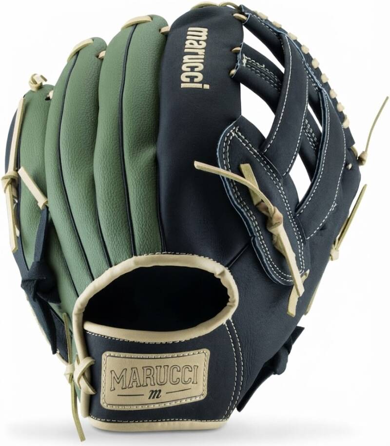 MARUCCI Swift Series SWFT125 12.50" baseball glove in olive green and black with tan lacing and H-web.
