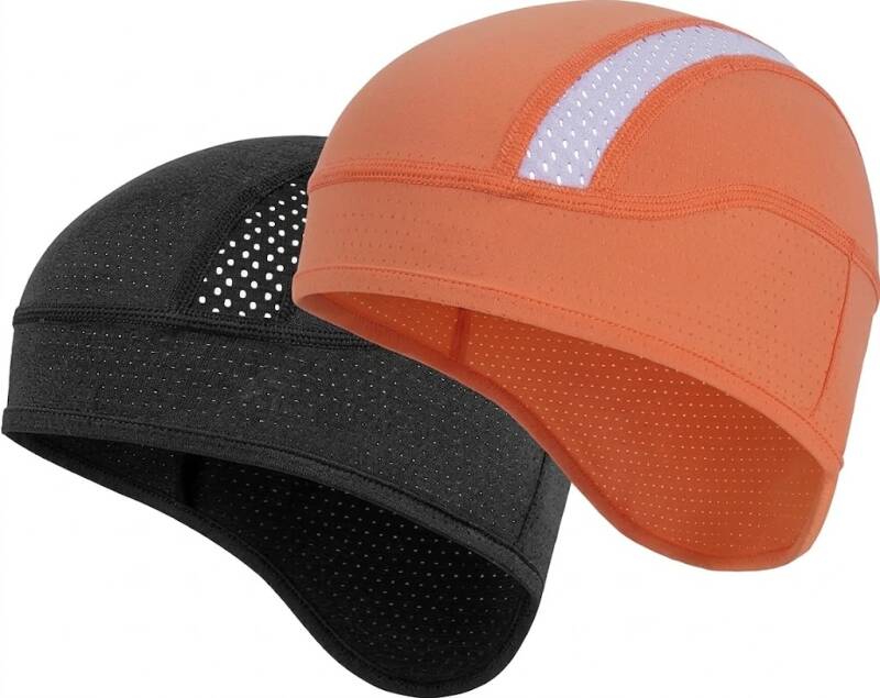 Cooling liner with neck shade by MELASA Cooling Skull Cap Breathable Hard Hat Liner with Neck Shade in black and orange with mesh ventilation panels.