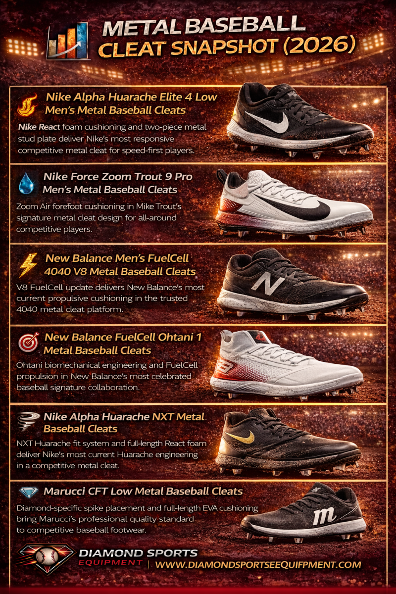 Comparison graphic featuring Nike, New Balance, and Marucci metal baseball cleats with performance-focused details for competitive players.