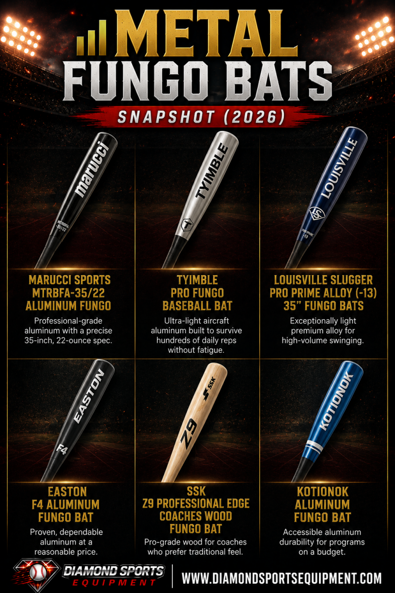 Marucci, TYIMBLE, Louisville Slugger, Easton, SSK, and KOTIONOK metal fungo bats comparison snapshot for baseball coaches.