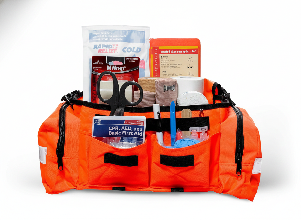 MFASCO Sports First Aid Kit Bag 326-Piece Athletic Medical Kit with organized compartment bag design for comprehensive minor injury preparedness at every competitive level.