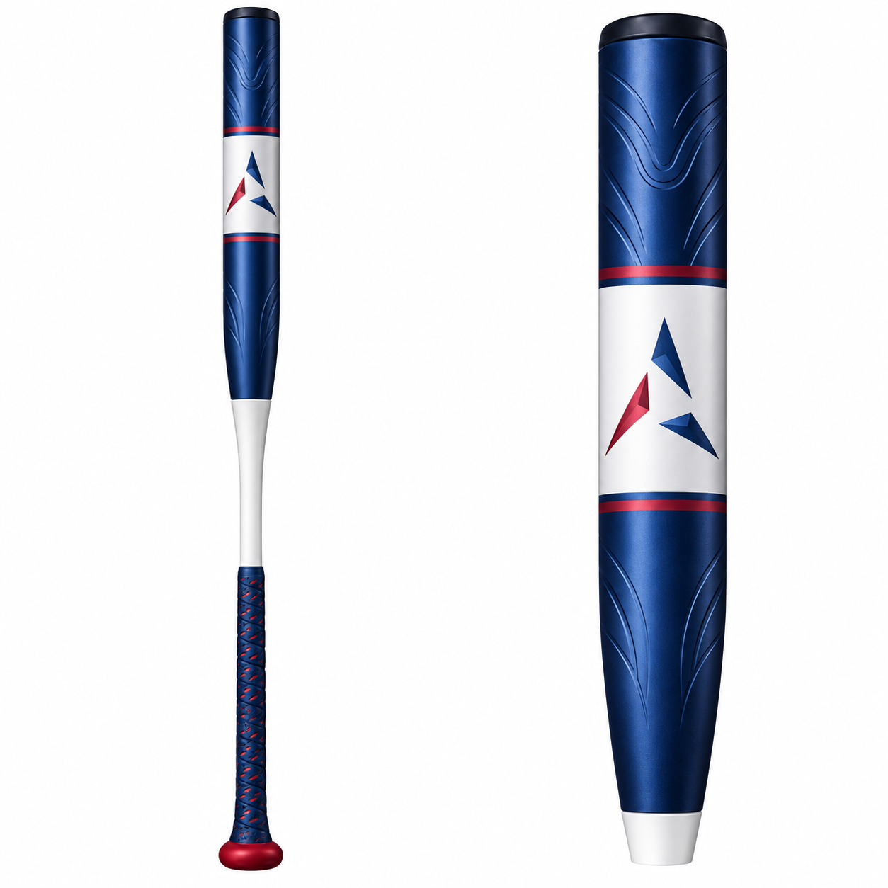 A two-part image of a blue and white baseball bat with a star graphic on a white background.