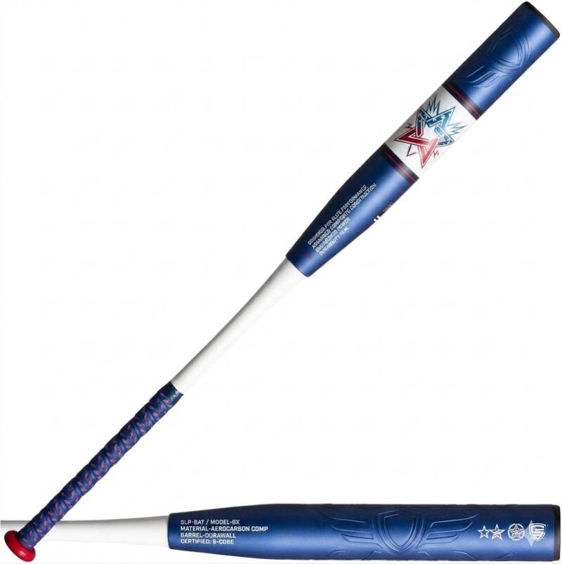 A two-part image of a blue and white baseball bat with a star graphic on a white background.