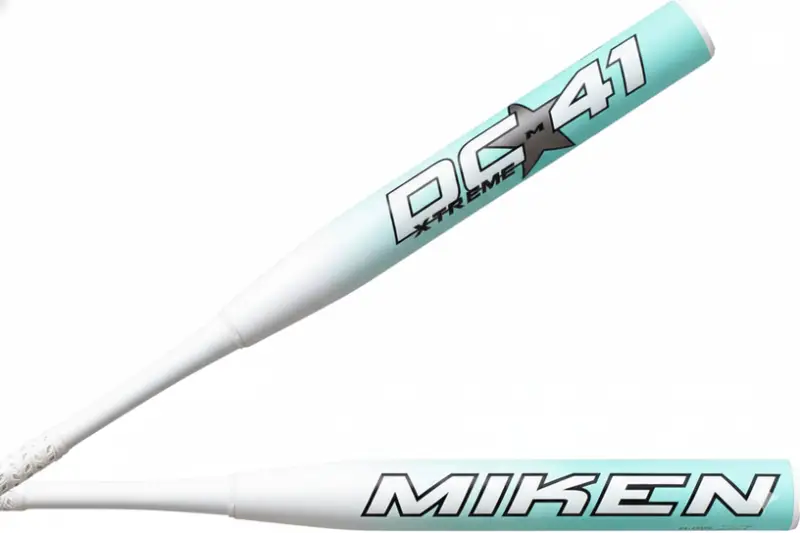 Miken DC41 2025 slowpitch softball bat with composite barrel and flex handle on a neutral background.