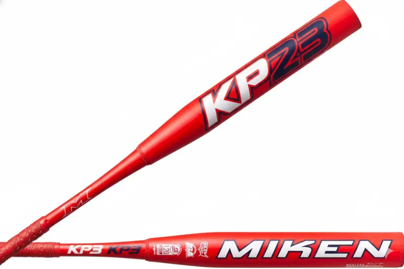 Miken 2025 KP23 Slowpitch Softball Bat displayed showing its two-piece composite construction and balanced 12.5" barrel profile for competitive contact hitters.