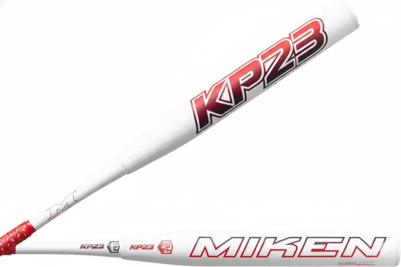 Miken 2025 KP23 Slowpitch bat showing multi-piece composite construction and KP23 signature barrel design on a neutral background.