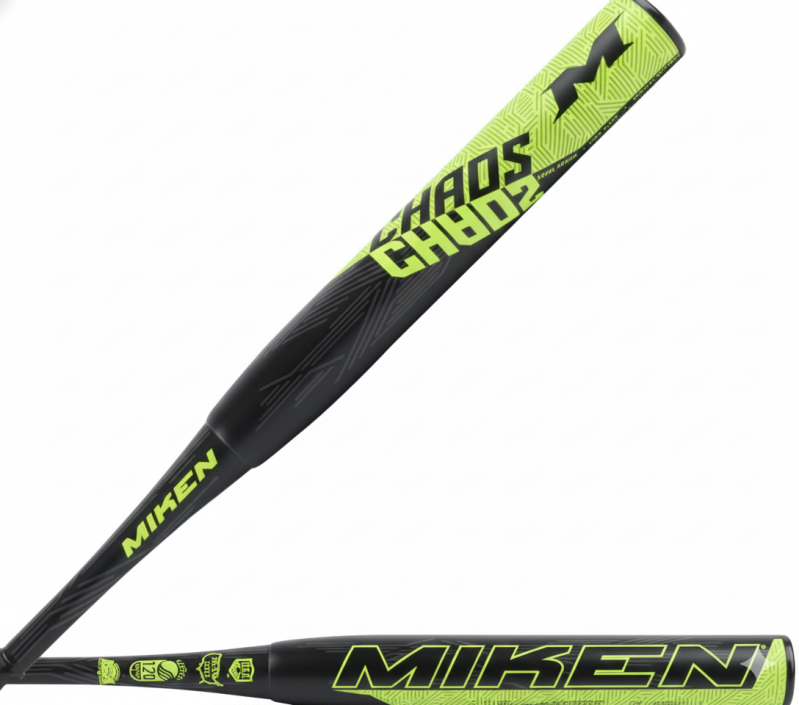 Miken Chaos All-Association Slowpitch Softball Bat displayed showing its two-piece composite construction, 14" barrel size, and XL end-load design for senior power hitters.