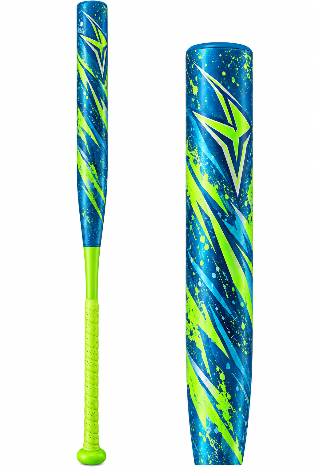 Miken Freak Splatter Slowpitch Softball Bat | USSSA | 2 Pc. Composite, a two-piece composite bat in a blue speckled finish with a bright green grip.