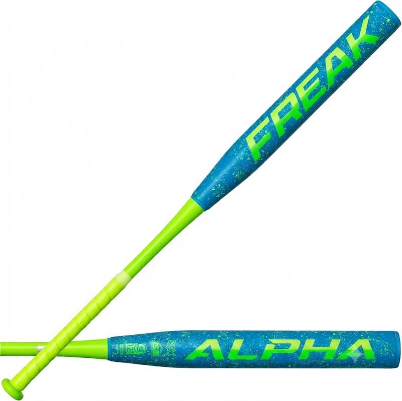 Miken Freak Splatter Slowpitch Softball Bat | USSSA | 2 Pc. Composite, a two-piece composite bat in a blue speckled finish with a bright green grip.