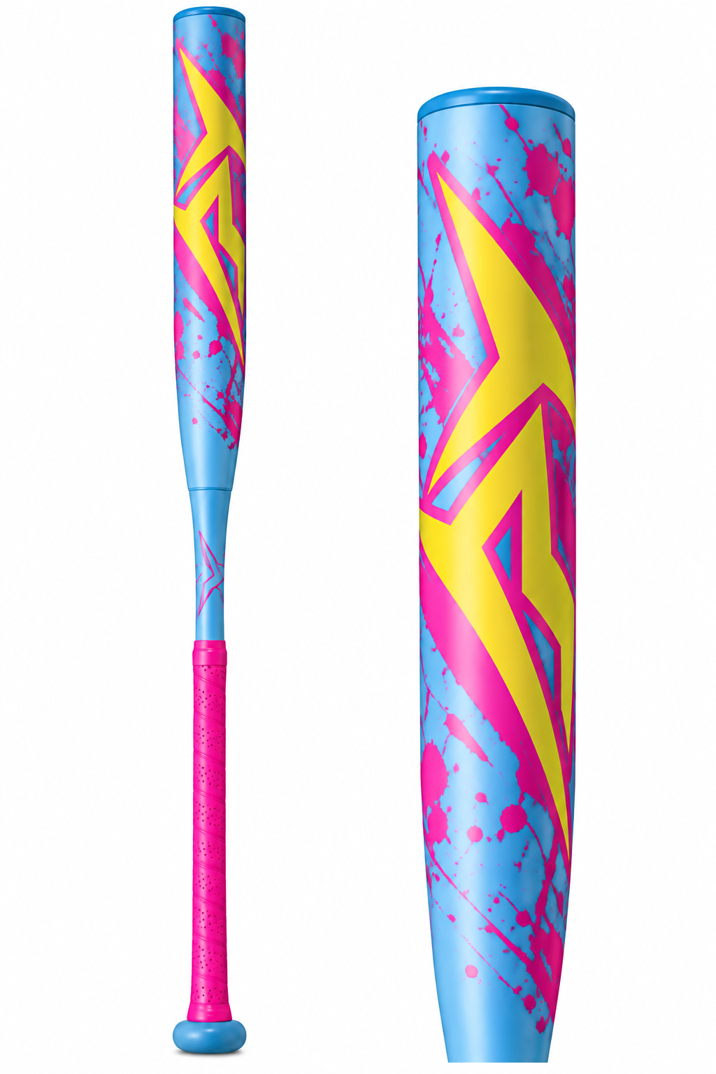 Miken | KP23 Neon Slowpitch Softball Bat, a two-piece composite bat in a light blue finish with a bright pink grip and pink and yellow accents.