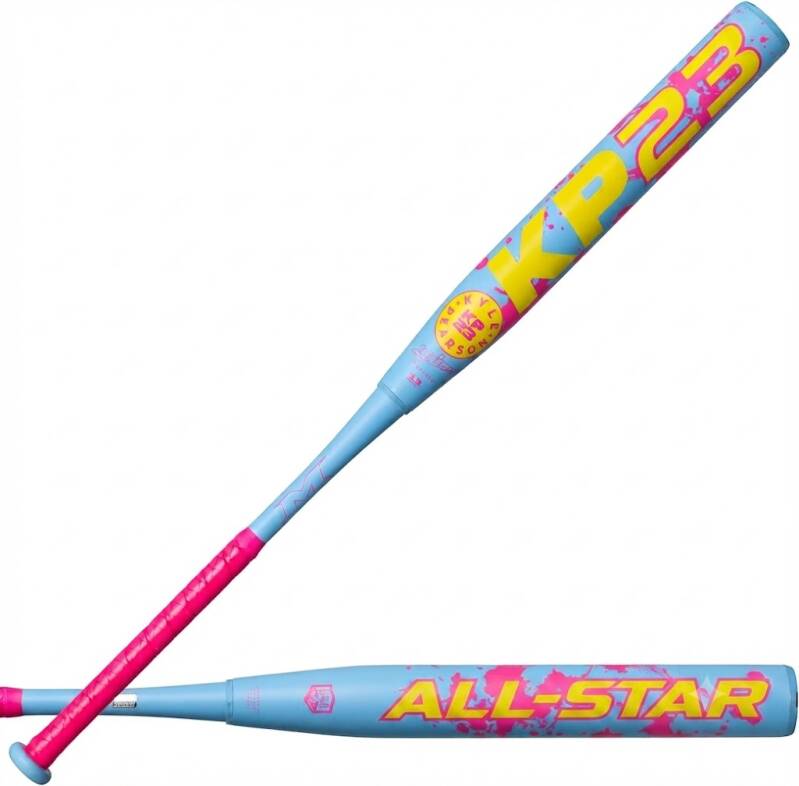 Miken | KP23 Neon Slowpitch Softball Bat, a two-piece composite bat in a light blue finish with a bright pink grip and pink and yellow accents.