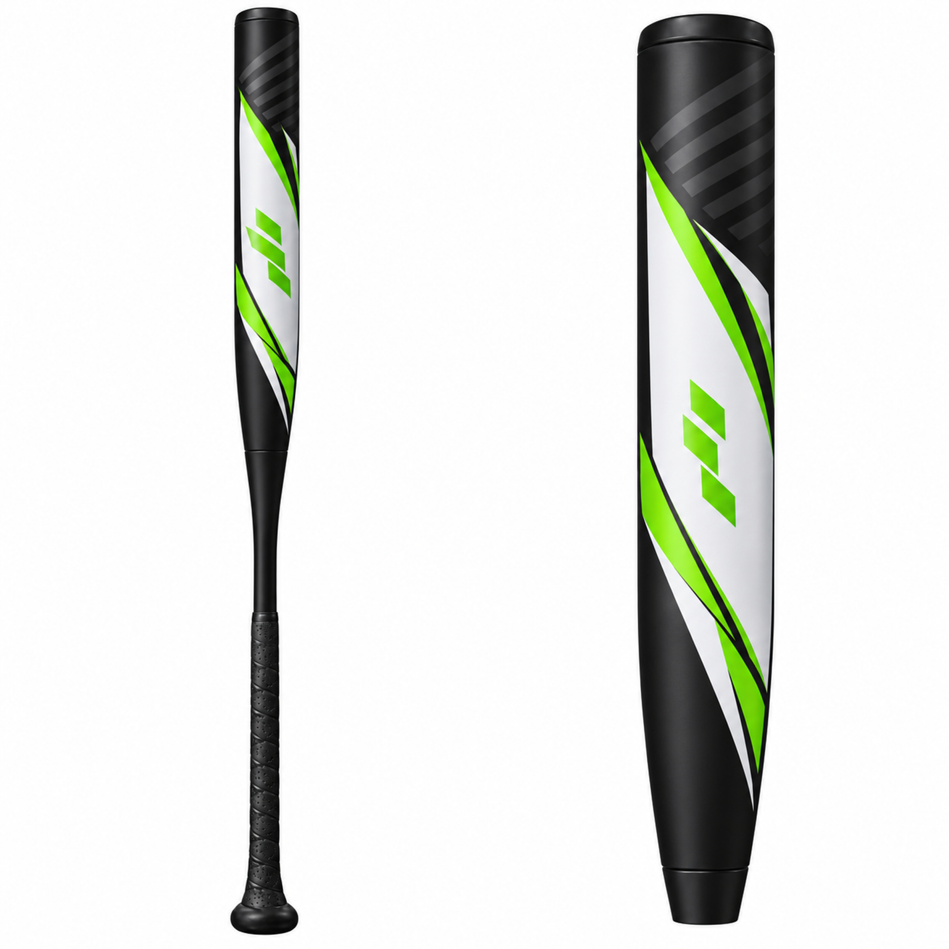 A two-part image of a black baseball bat with neon green and white geometric graphics on a white background.