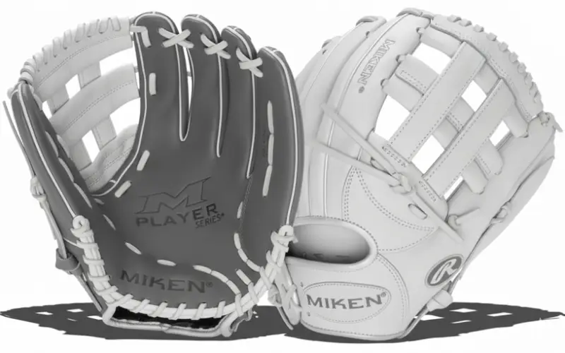 Miken Player Series+ PS150-G 15" Slowpitch Softball Glove displayed showing its maximum 15" catching surface and premium construction for competitive slowpitch players.