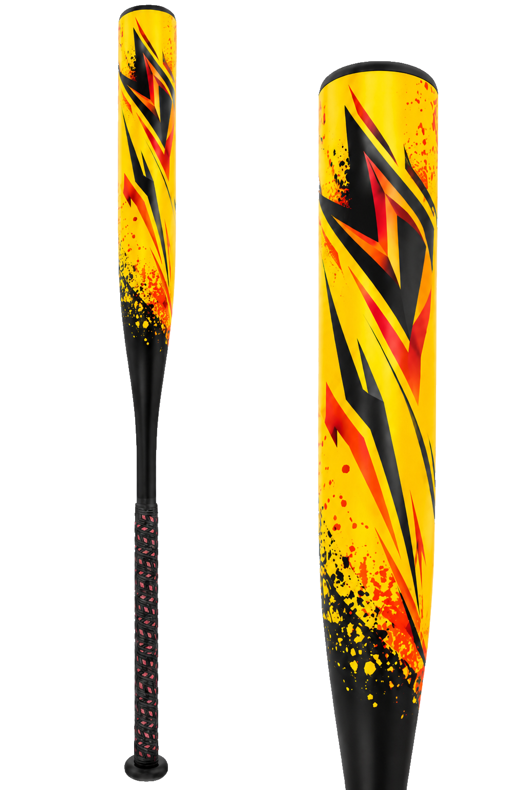 Miken Psycho 13" SuperMax Dual Stamp Slow Pitch Softball Bat: MP13X1, a one-piece composite bat in a yellow finish with black splatter accents and a dark grip.