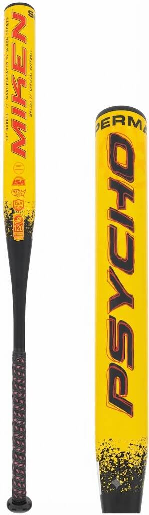 Miken Psycho 13" SuperMax Dual Stamp Slow Pitch Softball Bat: MP13X1, a one-piece composite bat in a yellow finish with black splatter accents and a dark grip.