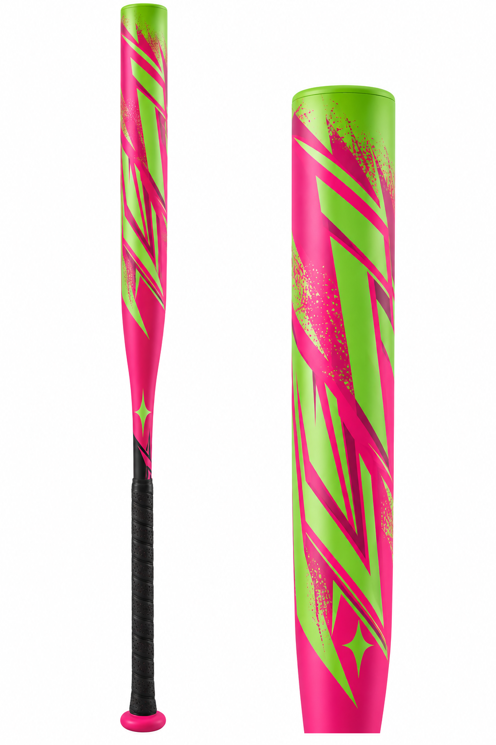 Miken Superfreak Slowpitch Softball Bat | MSA6SFHX | USA | 2 Pc. Composite, a two-piece composite bat in a bright pink and green finish with a black grip.