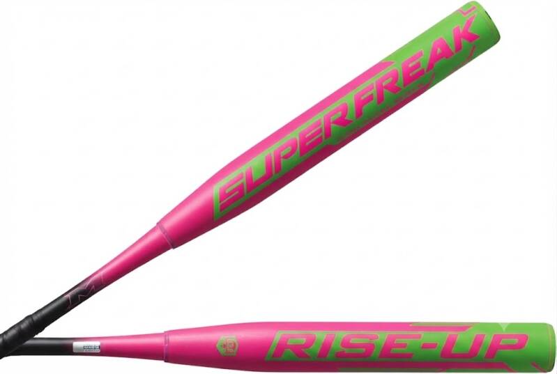 Miken Superfreak Slowpitch Softball Bat | MSA6SFHX | USA | 2 Pc. Composite, a two-piece composite bat in a bright pink and green finish with a black grip.