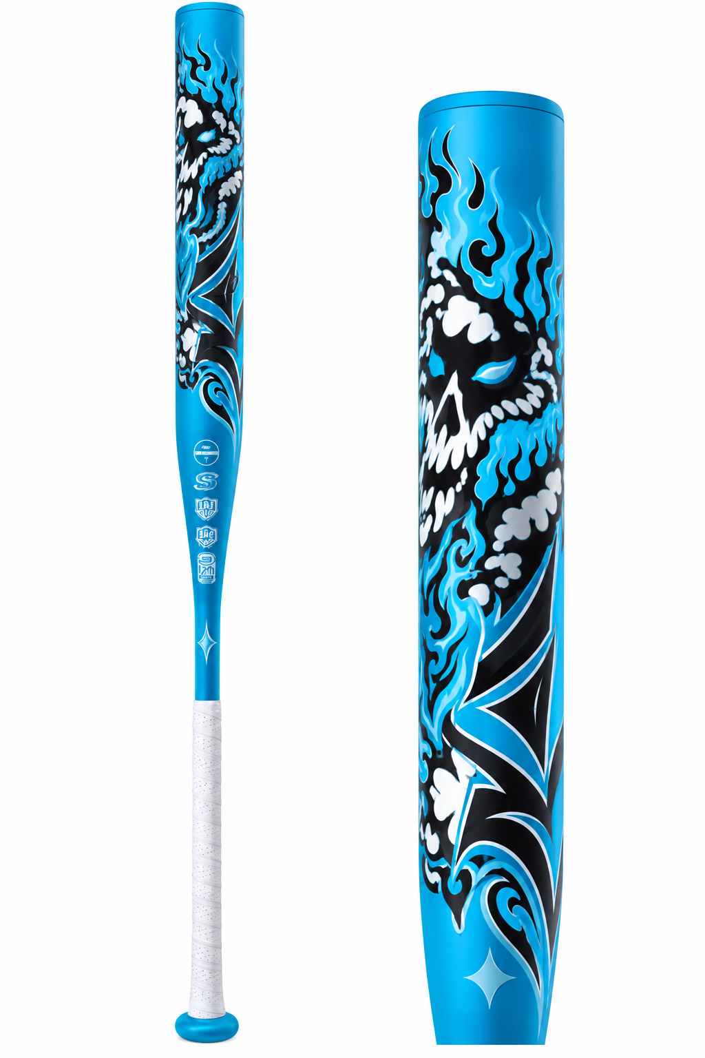 Miken | SYKO Slowpitch Softball Bat | All Association | 13.5" Barrel, a bat in a bright blue finish with a black skull graphic and a white grip.