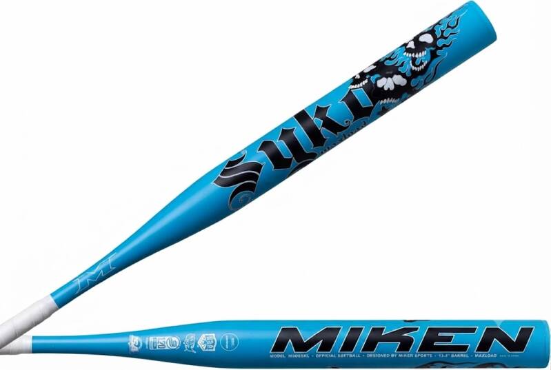 Miken | SYKO Slowpitch Softball Bat | All Association | 13.5" Barrel, a bat in a bright blue finish with a black skull graphic and a white grip.