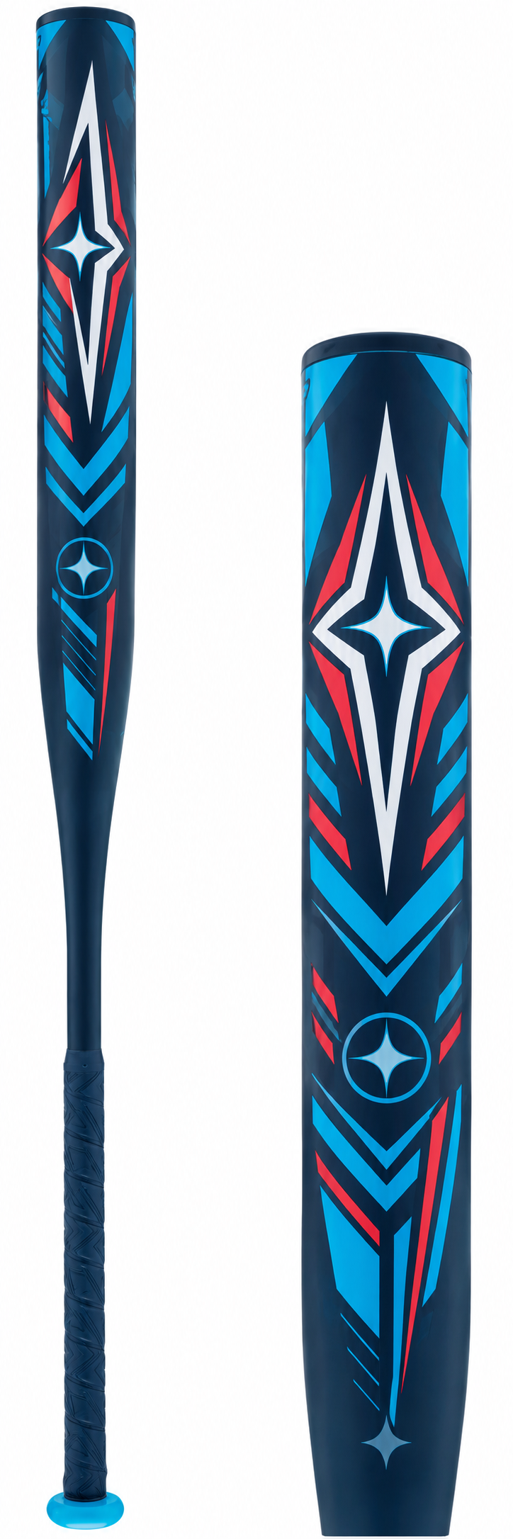 Miken Vicious 13" Balanced Dual Stamp Slow Pitch Softball Bat: MV13B1, a one-piece composite bat in a dark navy finish with red and light blue accents and a matching navy grip.
