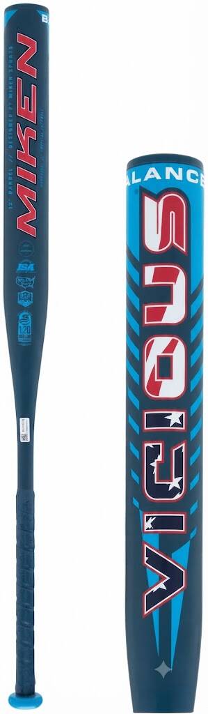 Miken Vicious 13" Balanced Dual Stamp Slow Pitch Softball Bat: MV13B1, a one-piece composite bat in a dark navy finish with red and light blue accents and a matching navy grip.