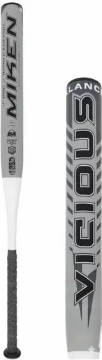Miken Vicious 14" Balanced Dual Stamp Slowpitch Softball Bat displayed showing its two-piece composite construction and maximum 14" balanced barrel with dual certification stamp.