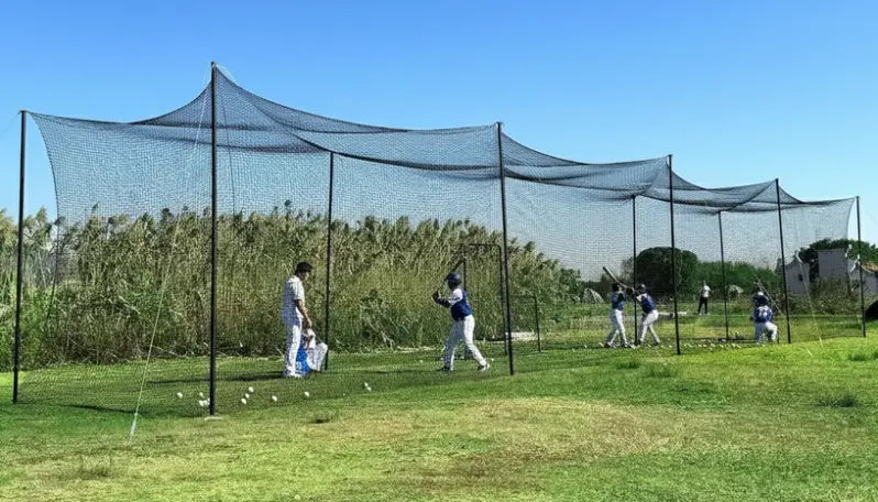 Miveda Baseball Batting Cage, 20/35/55/70FT displayed showing its multi-length complete kit with lightweight pole frame and ground stakes.