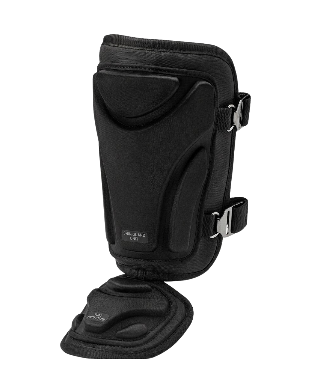 A black baseball batter's ankle guard with a protective foot plate on a white background.