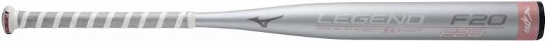 Mizuno F20-Finch Fastpitch Softball Bat, a silver bat with pink accents and a white-and-gray striped grip.
