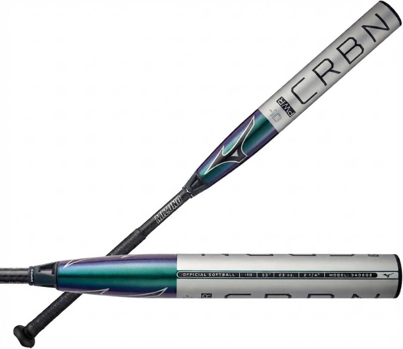 Mizuno F23-PWR CRBN Fastpitch Softball Bat, a bat in an iridescent purple-to-teal finish with a silver barrel end and a black grip.