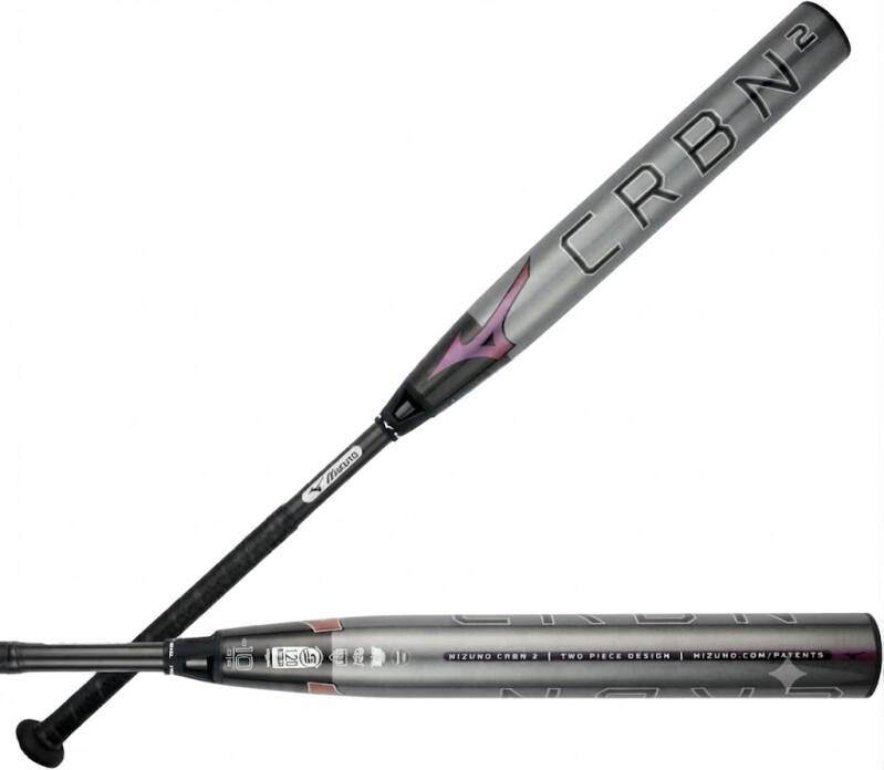Mizuno F24 CRBN2 Fastpitch Softball Bats, a silver bat with a pink and black graphic accent and a black grip.