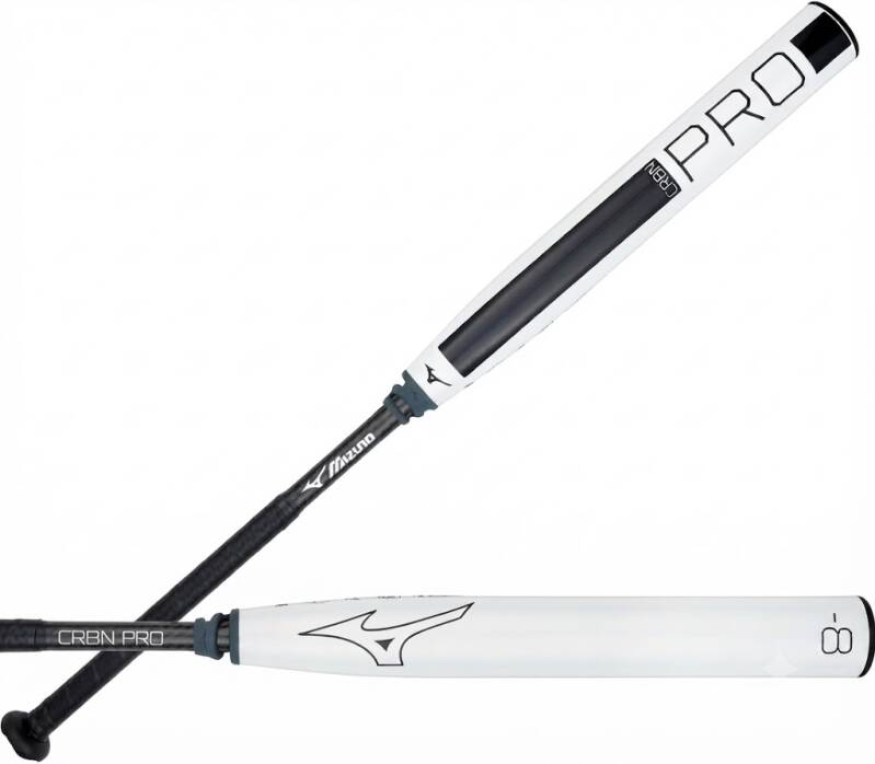 Mizuno F25 CRBN PRO Fastpitch Softball Bats, a white bat with a black barrel panel and a matching black grip.