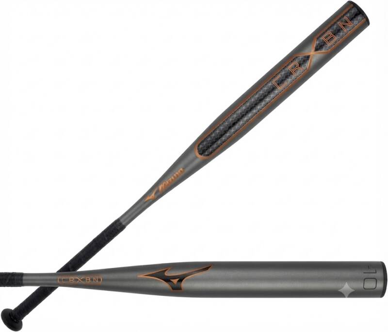 Mizuno F26-CRBN X Fastpitch Softball Bats, a gunmetal gray bat with an orange-outlined carbon fiber panel and a black grip.