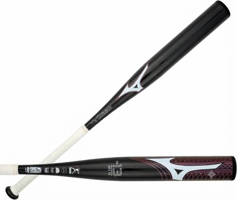 Mizuno Finch Fastpitch Softball Bat (-13) | Womens Aluminum Fast Pitch BAT, a glossy black bat with pink and white graphic accents and a white grip.
