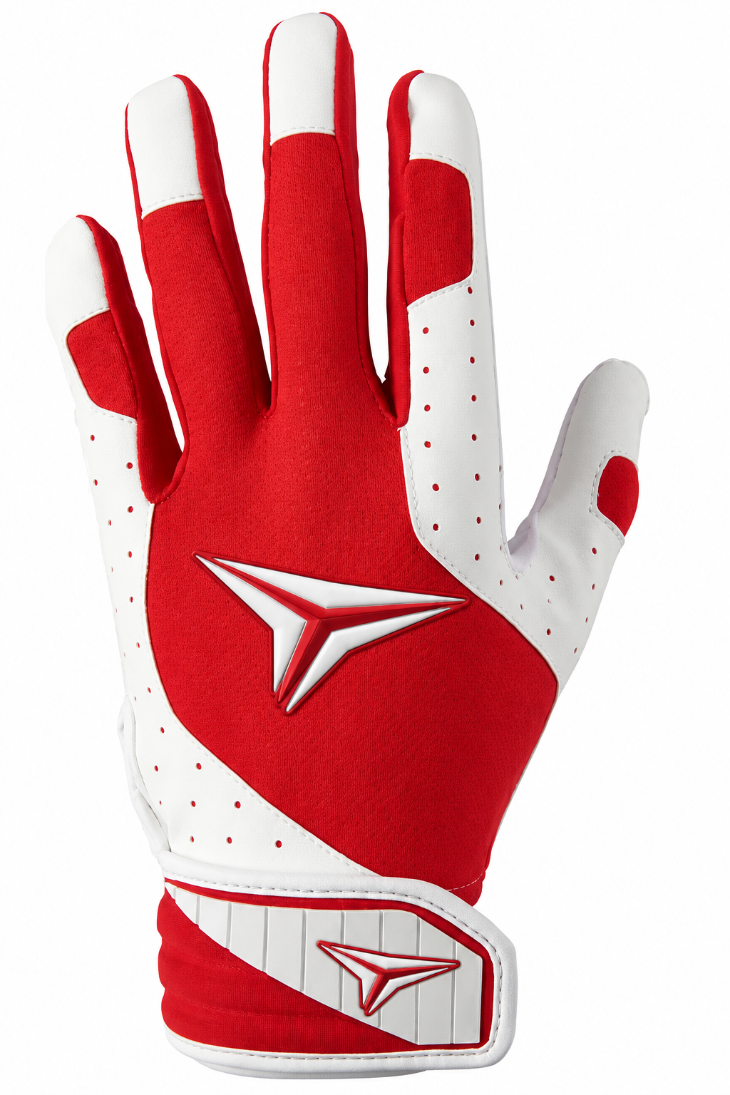 Batting gloves by Mizuno for softball, in red and white with padding.