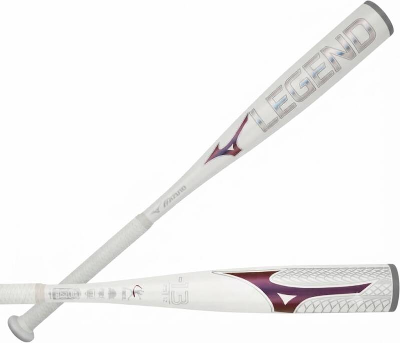 Mizuno Finch Youth Tee Ball Softball Bat (-13), a white bat with a purple and red gradient graphic and a white grip.