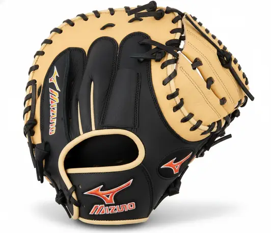Mizuno Franchise Catchers Mitt displayed showing its Bio Soft leather construction and Powerlock wrist adjustment system for competitive high school and travel ball catchers.
