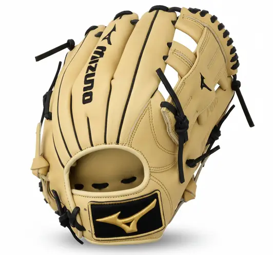 Mizuno MVP Prime Infielder Baseball Glove displayed showing its Bio Soft leather construction and Powerlock wrist adjustment system for competitive infielders.