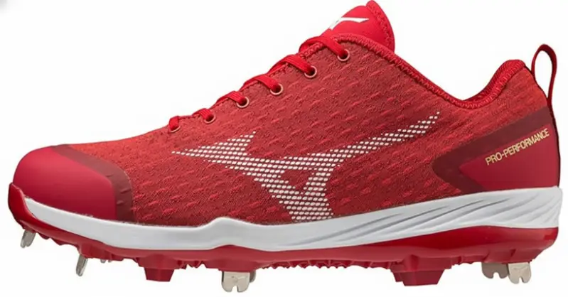 The Mizuno Men's Dominant 4 TPU Baseball Shoe displayed showing its TPU spike outsole construction for aggressive natural grass traction at a budget price point.