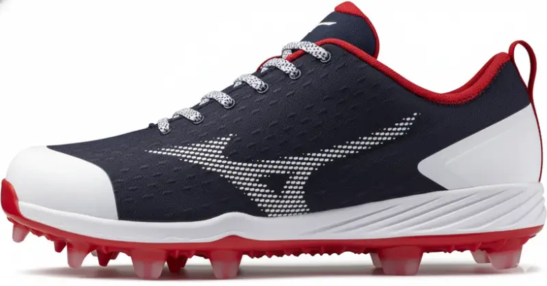 Mizuno Men's Dominant 4 TPU Baseball Shoe displayed showing its quality upper construction and durable TPU spike outsole design.