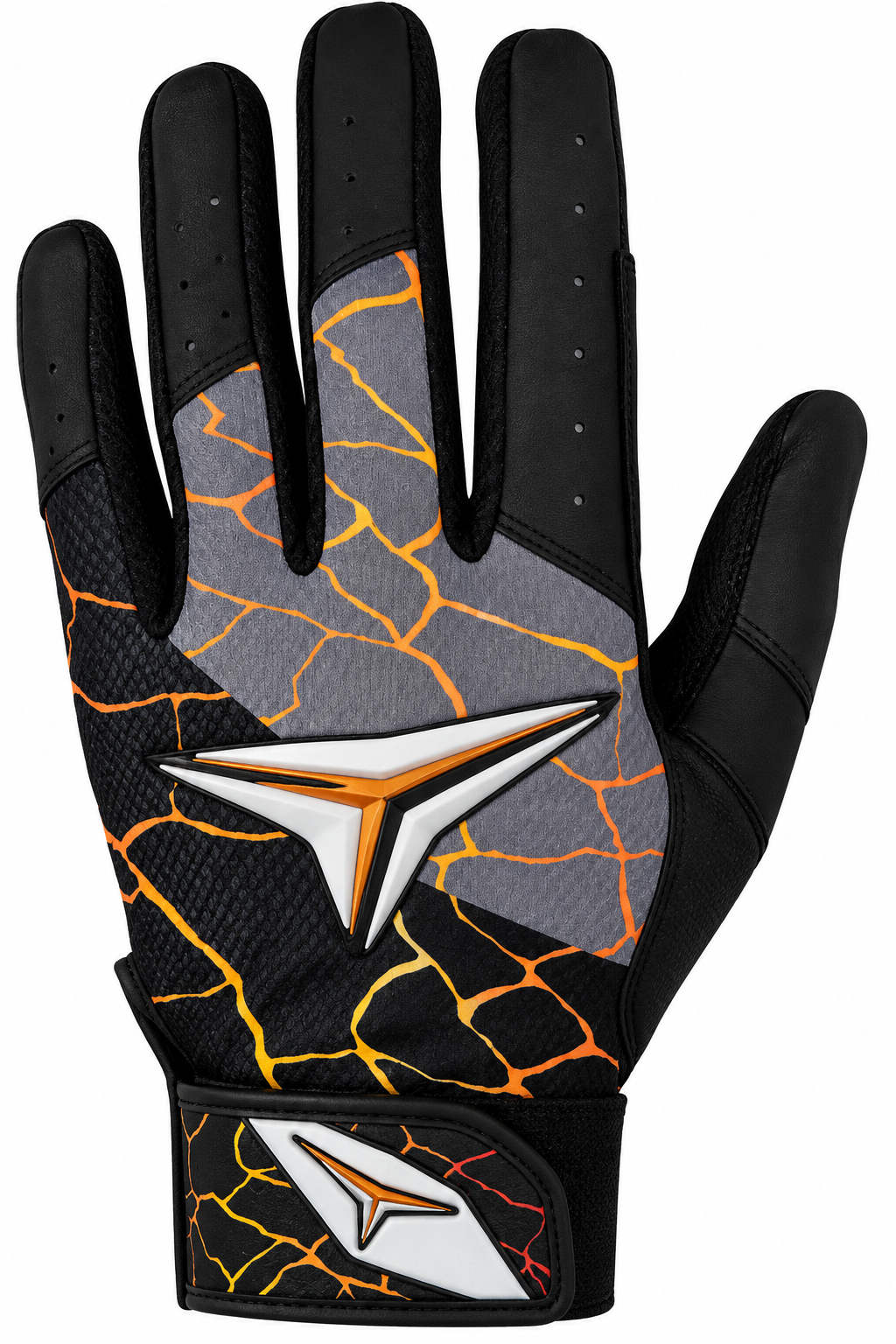 Batting gloves by Mizuno, in black and gray with orange crackle design.