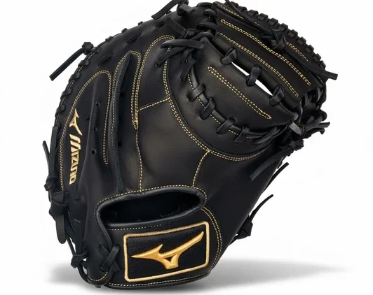 Mizuno MVP Prime Baseball Catcher's Mitt displayed showing its Bio Soft leather construction and Center Pocket design for competitive high school and travel ball catchers.