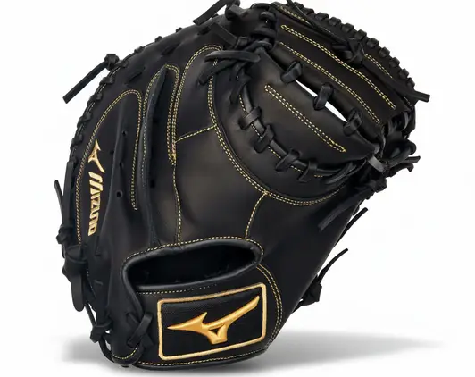 Mizuno MVP Prime Catcher's Mitt displayed showing its Bio Soft leather construction and Powerlock wrist adjustment system for competitive catchers across baseball and fastpitch.
