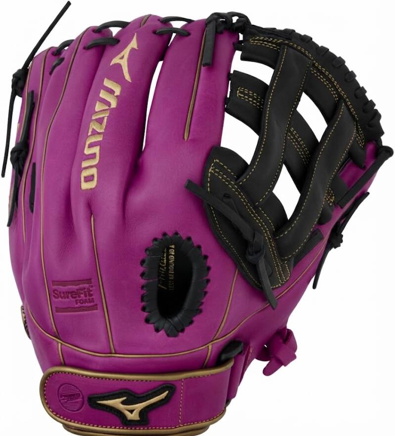 Mizuno MVP Prime Fastpitch Softball Glove Series, a Bio Soft leather fastpitch glove with a black H-Web and a magenta shell with gold accents.